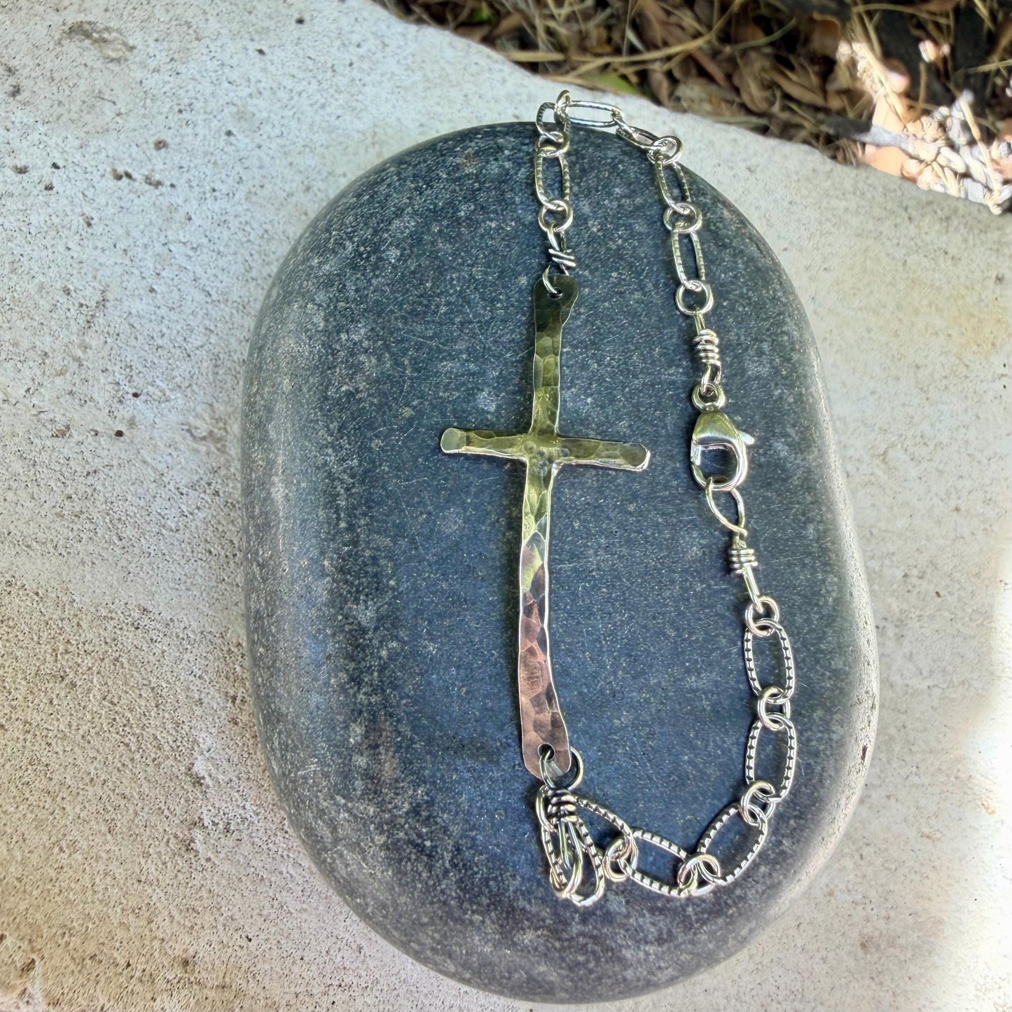 Sterling Silver Sideways Cross Bracelet • Hand‑Forged Cross • Rustic Silver Chain