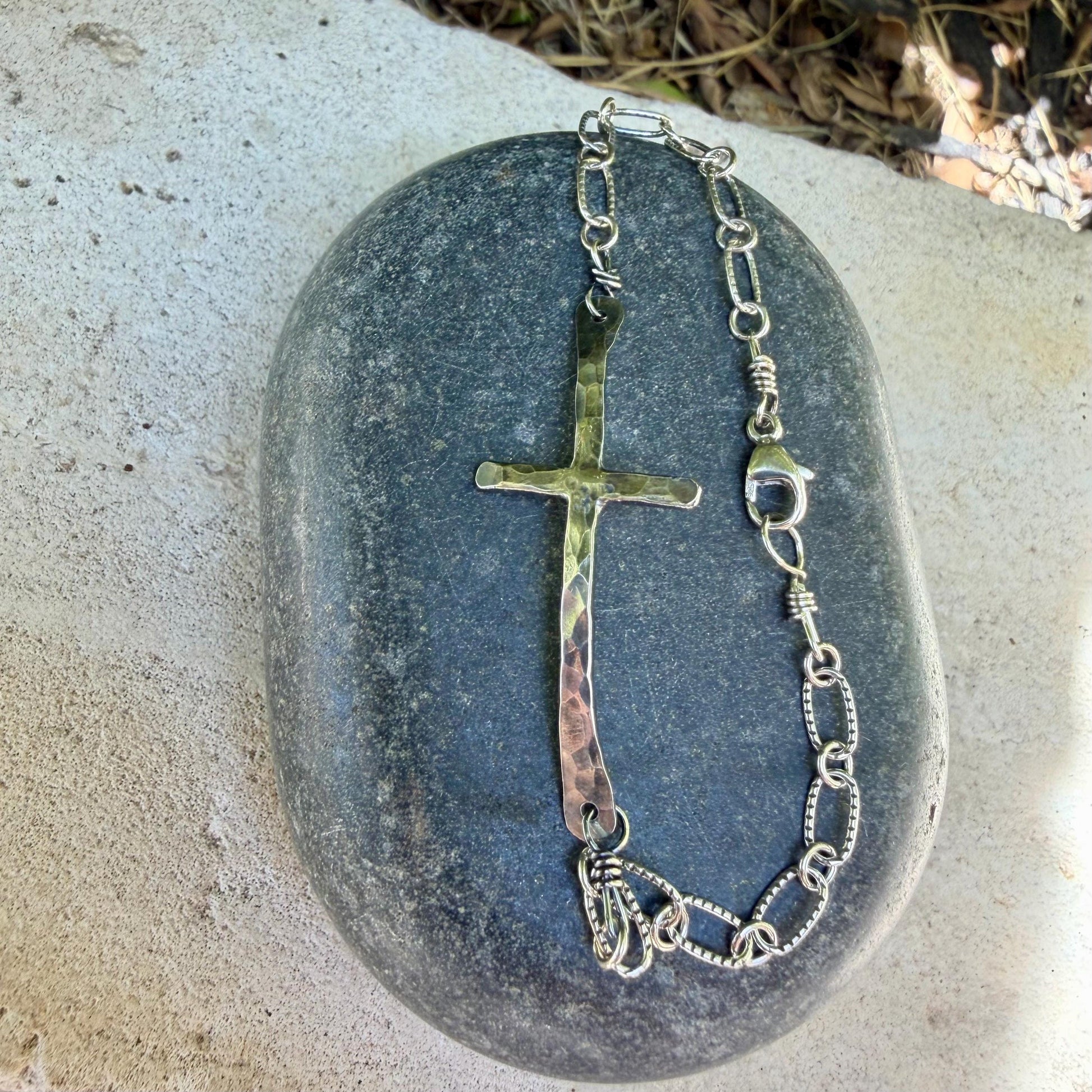 Sterling Silver Sideways Cross Bracelet • Hand‑Forged Cross • Rustic Silver Chain
