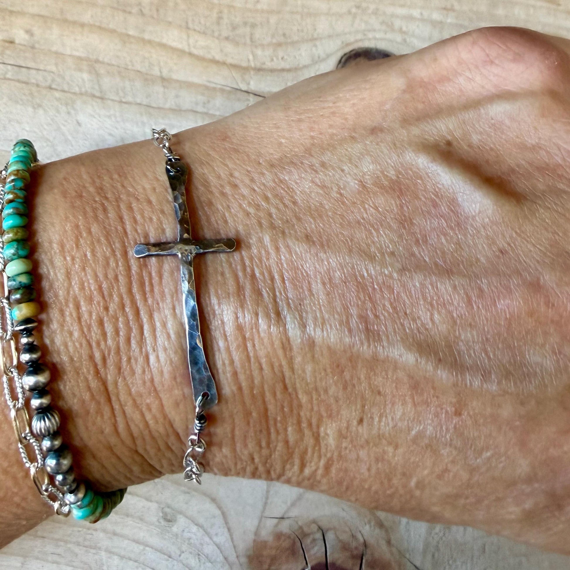 Sterling Silver Sideways Cross Bracelet • Hand‑Forged Cross • Rustic Silver Chain