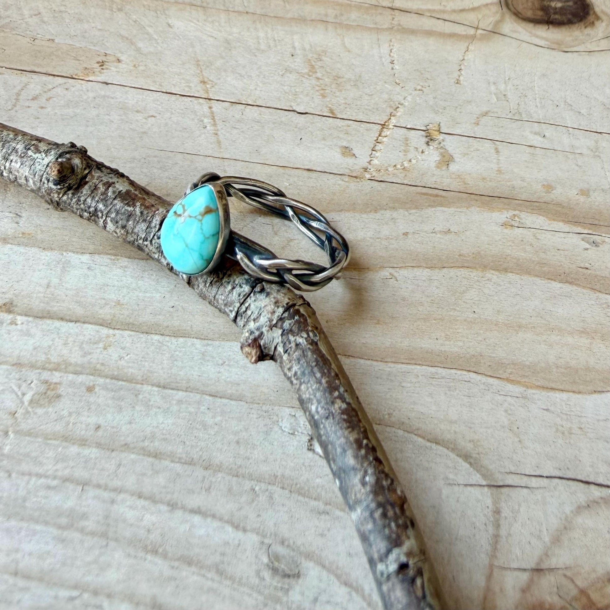 Turquoise & Braided Sterling Silver Band Ring • 10x8mm Number 8 Pear Cabochon
