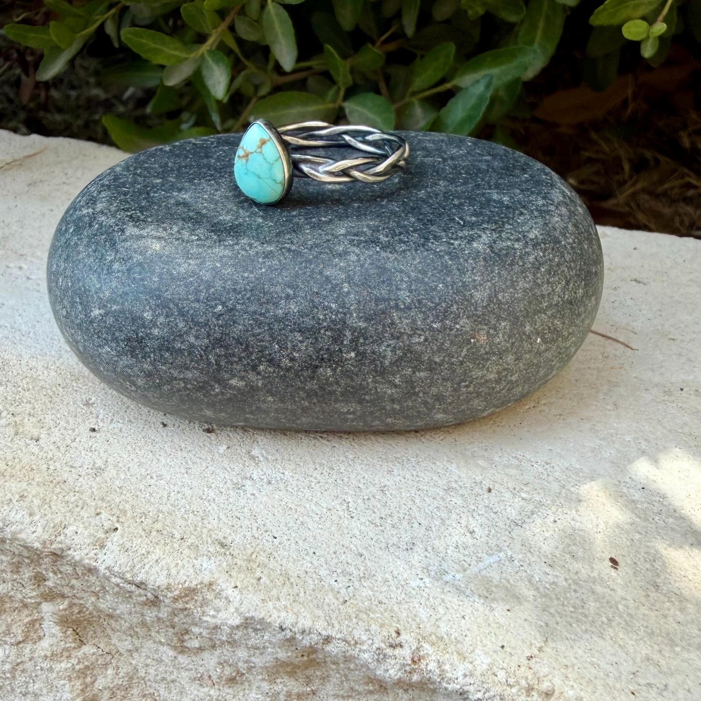 Turquoise & Braided Sterling Silver Band Ring • 10x8mm Number 8 Pear Cabochon