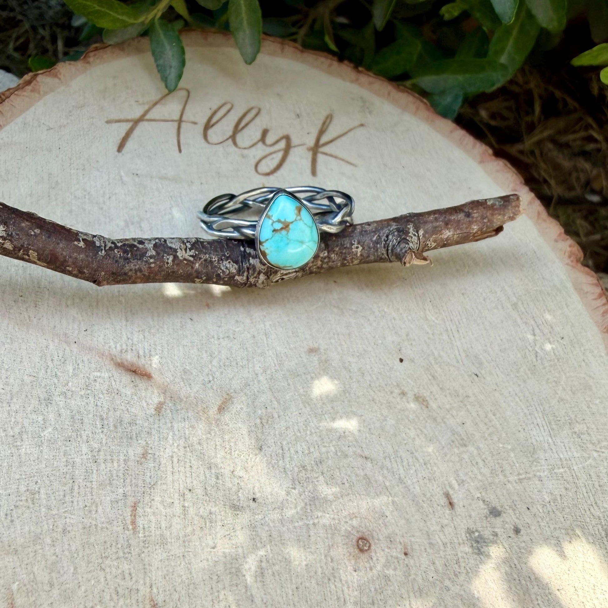 Turquoise & Braided Sterling Silver Band Ring • 10x8mm Number 8 Pear Cabochon