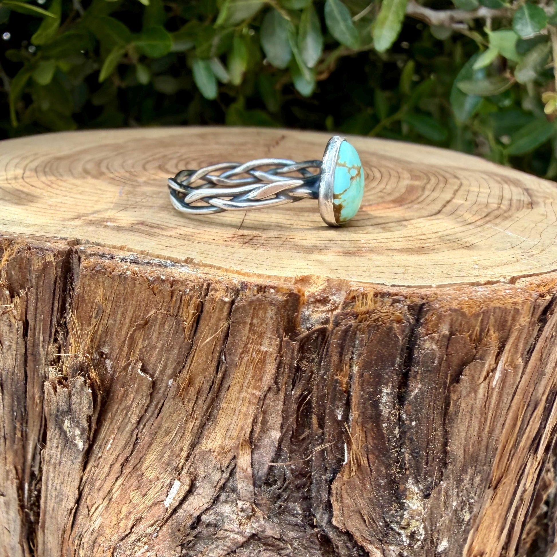 Turquoise & Braided Sterling Silver Band Ring • 10x8mm Number 8 Pear Cabochon