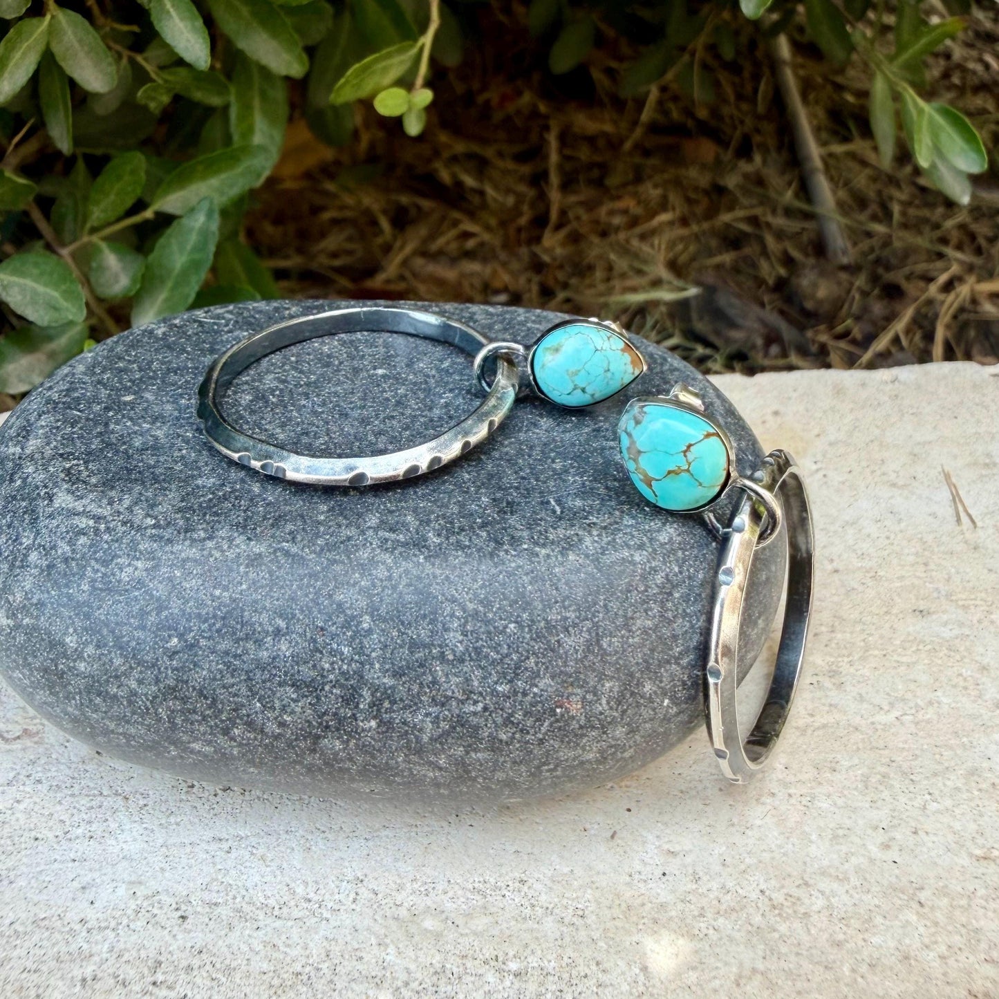 Sterling Silver Turquoise Hoop Earrings • 10x8mm Pear Number 8 Cabochon
