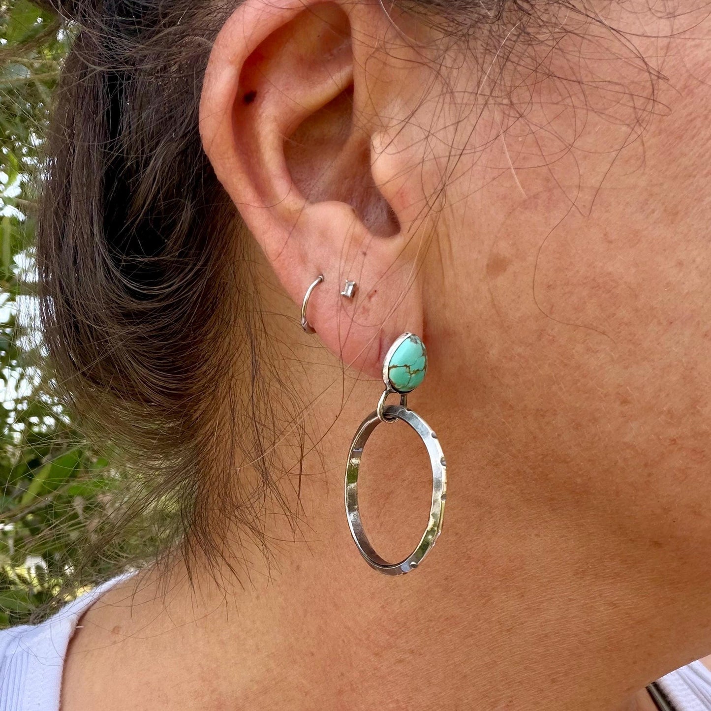 Sterling Silver Turquoise Hoop Earrings • 10x8mm Pear Number 8 Cabochon