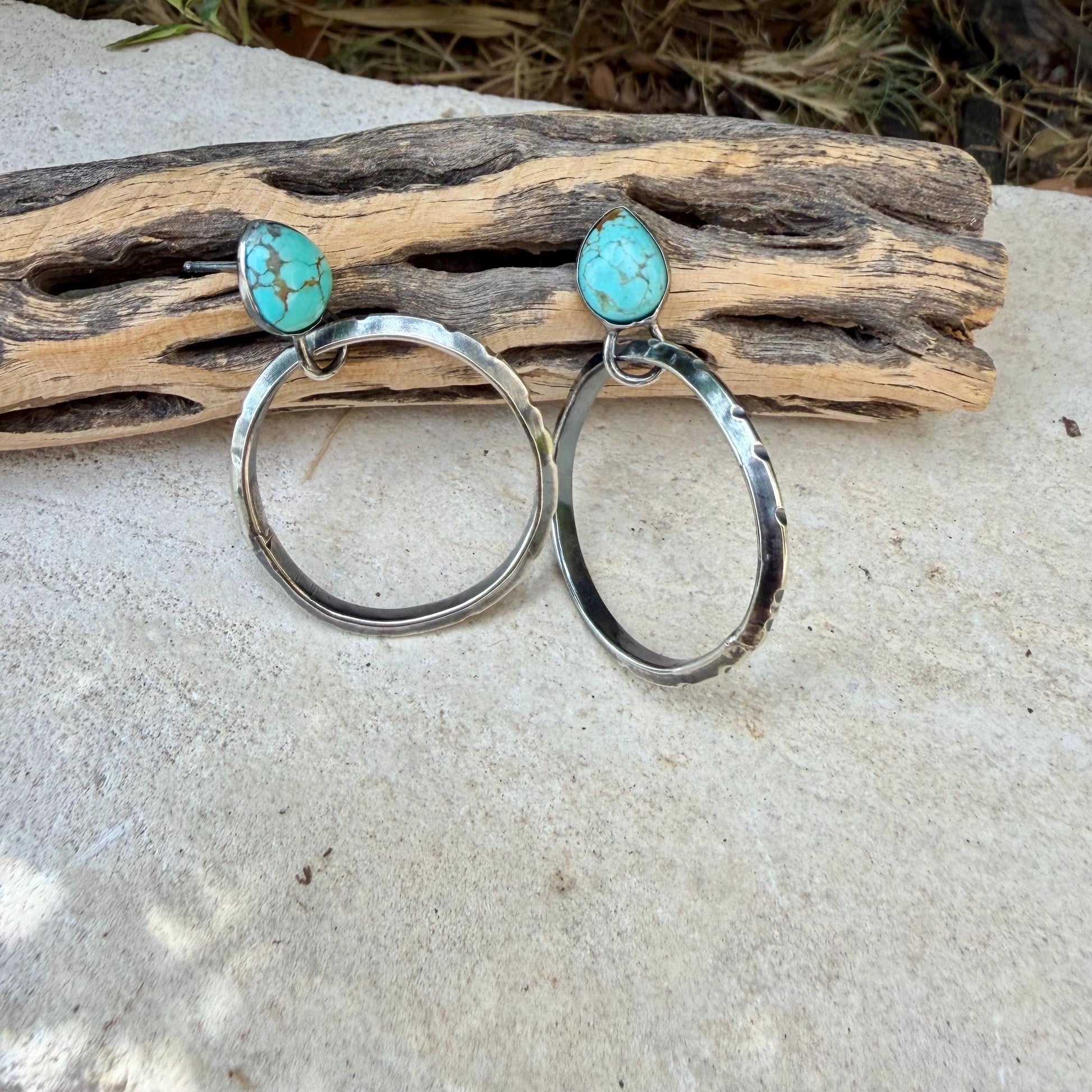 Sterling Silver Turquoise Hoop Earrings • 10x8mm Pear Number 8 Cabochon
