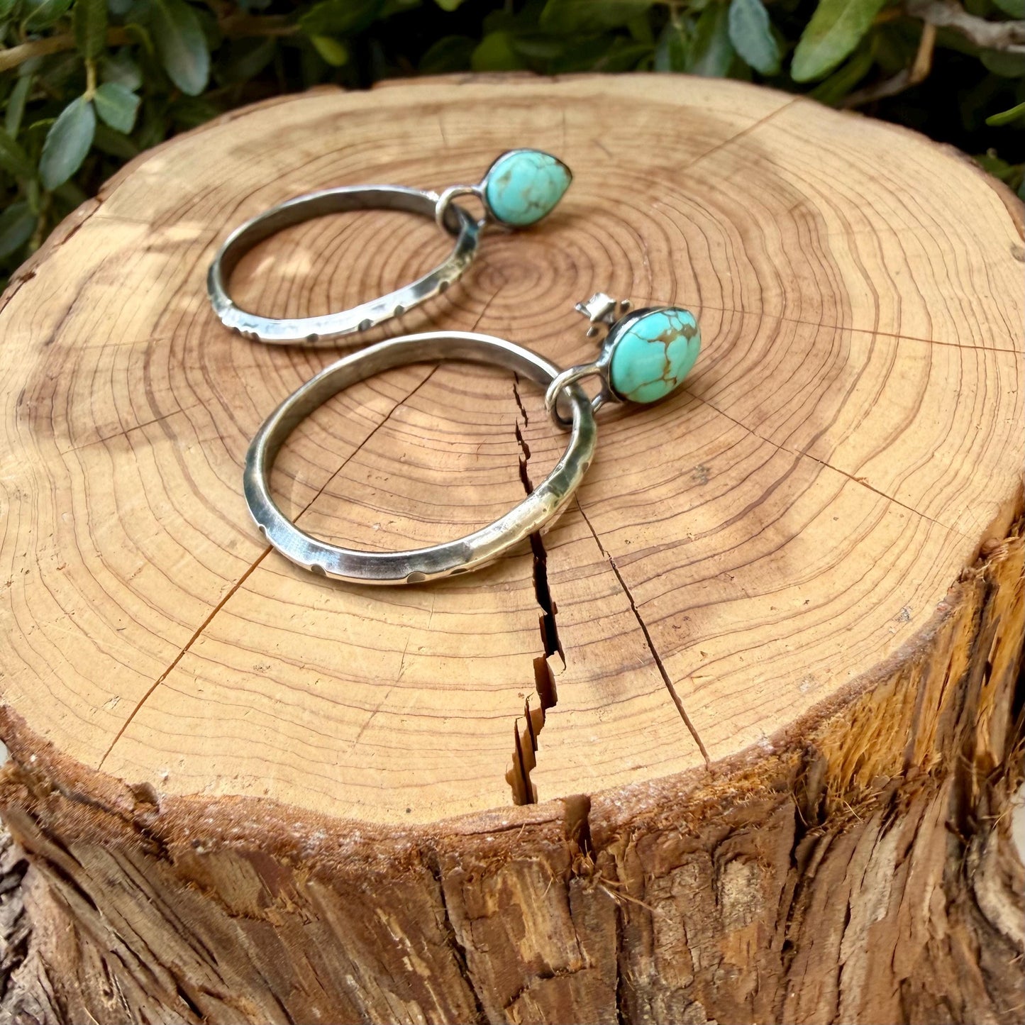 Sterling Silver Turquoise Hoop Earrings • 10x8mm Pear Number 8 Cabochon