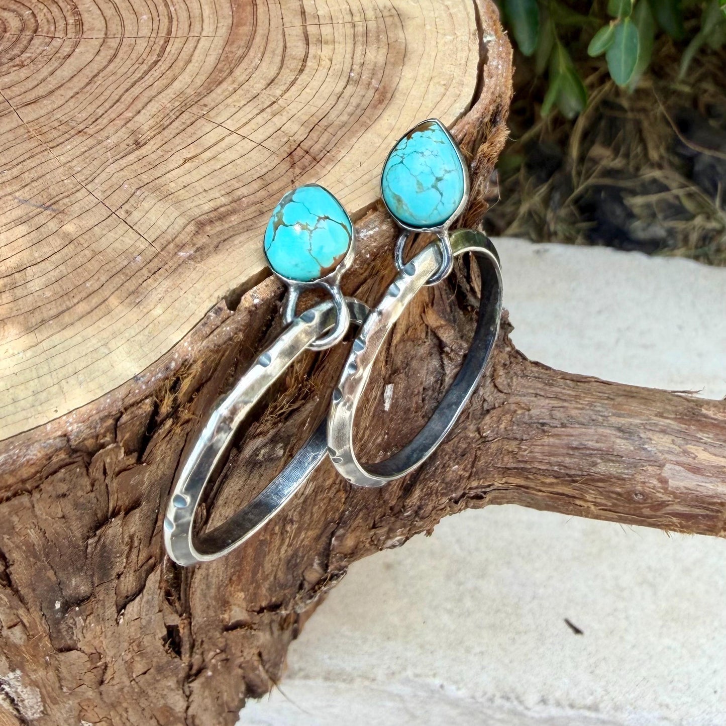 Sterling Silver Turquoise Hoop Earrings • 10x8mm Pear Number 8 Cabochon