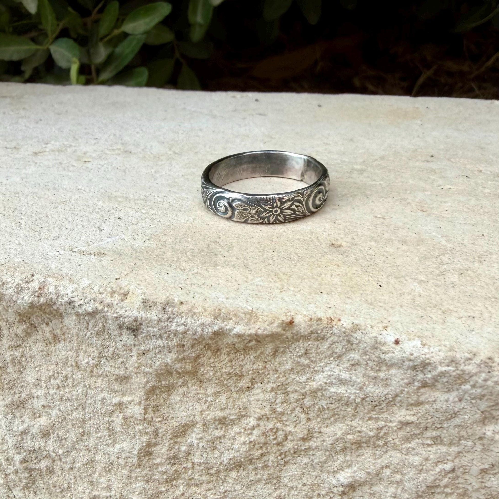 Sterling Silver Daisy Band Ring | Wide Band Elegance