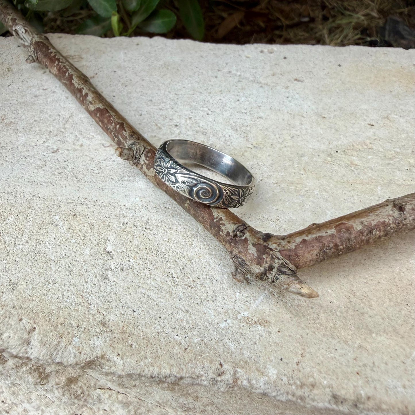 Sterling Silver Daisy Band Ring | Wide Band Elegance
