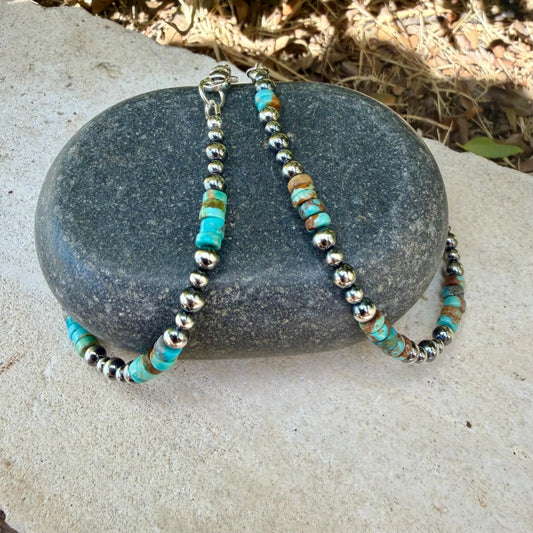 Sterling Silver Desert Pearl Bracelet with Kingman Turquoise • Southwestern Boho Style