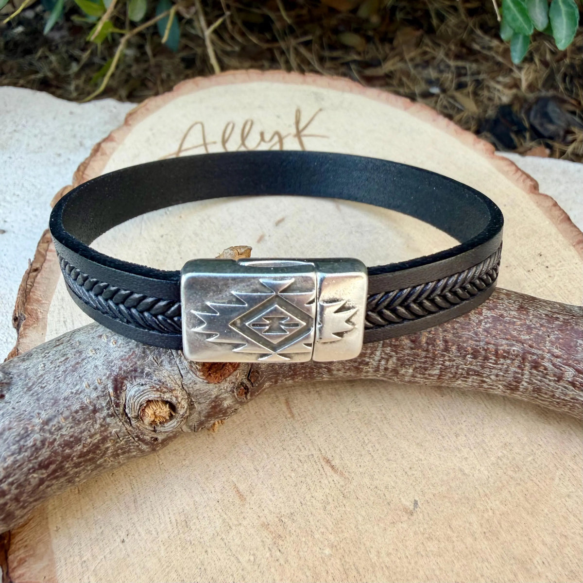 10mm Braided Leather Bracelet • Herringbone Design • Southwest Magnetic Closure