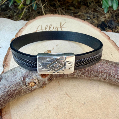 10mm Braided Leather Bracelet • Herringbone Design • Southwest Magnetic Closure