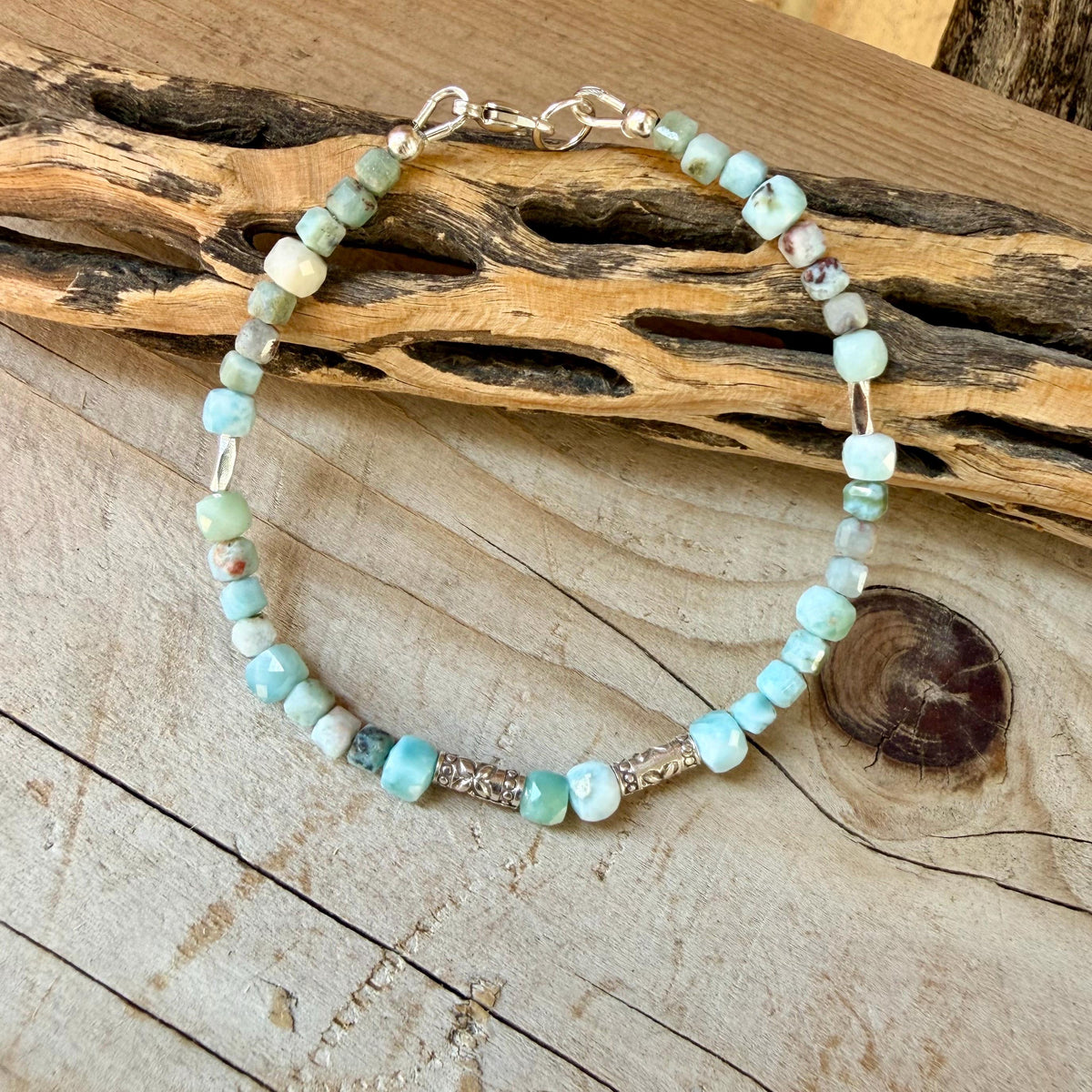 Larimar Bracelet, Rare Caribbean Blue Gemstone, Sterling Silver Bracelet
