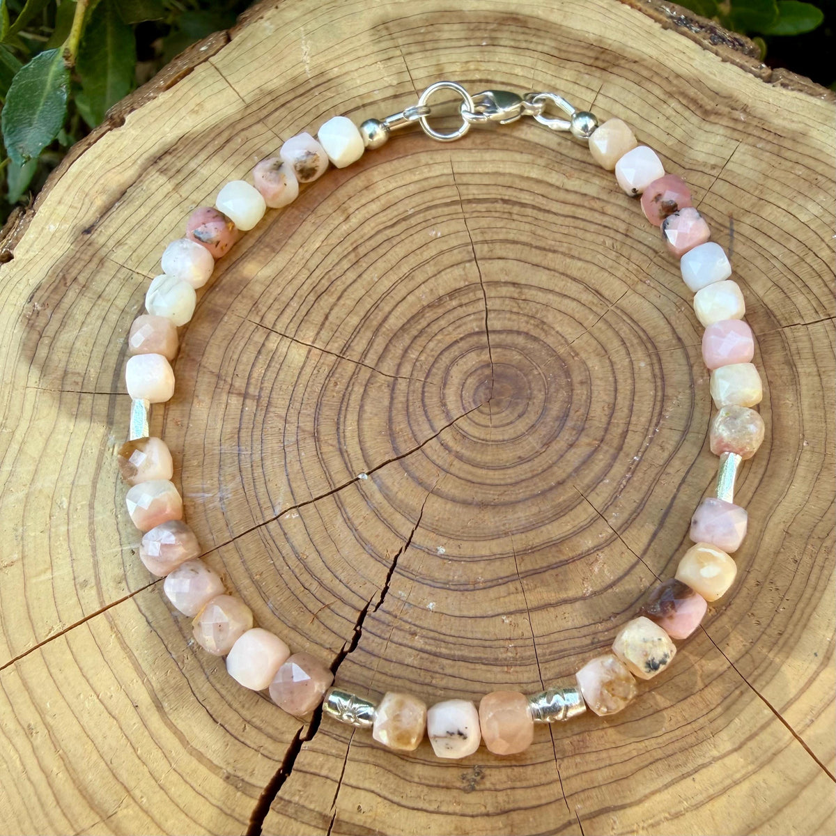 Natural Pink Opal Bracelet, Dainty Sterling Silver Gemstone Bracelet