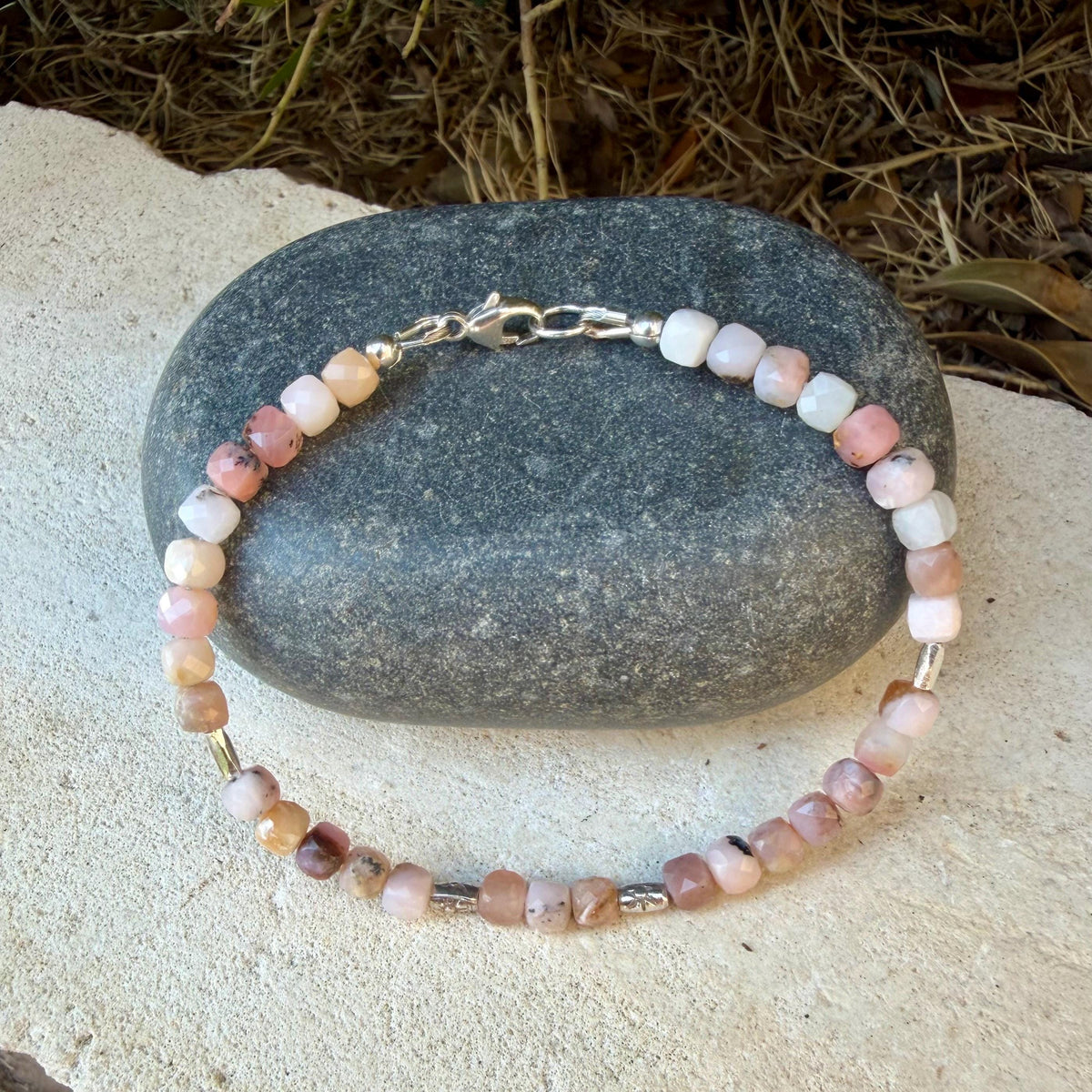 Natural Pink Opal Bracelet, Dainty Sterling Silver Gemstone Bracelet