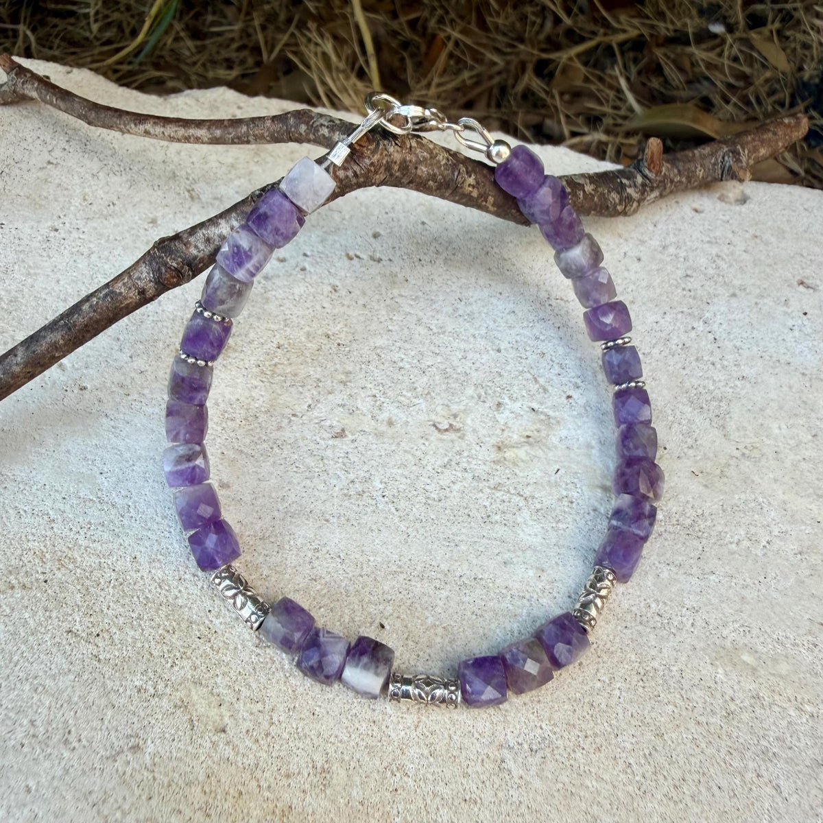 Chevron Amethyst Bracelet, Dainty Sterling Silver Bracelet, Natural Gemstone Jewelry