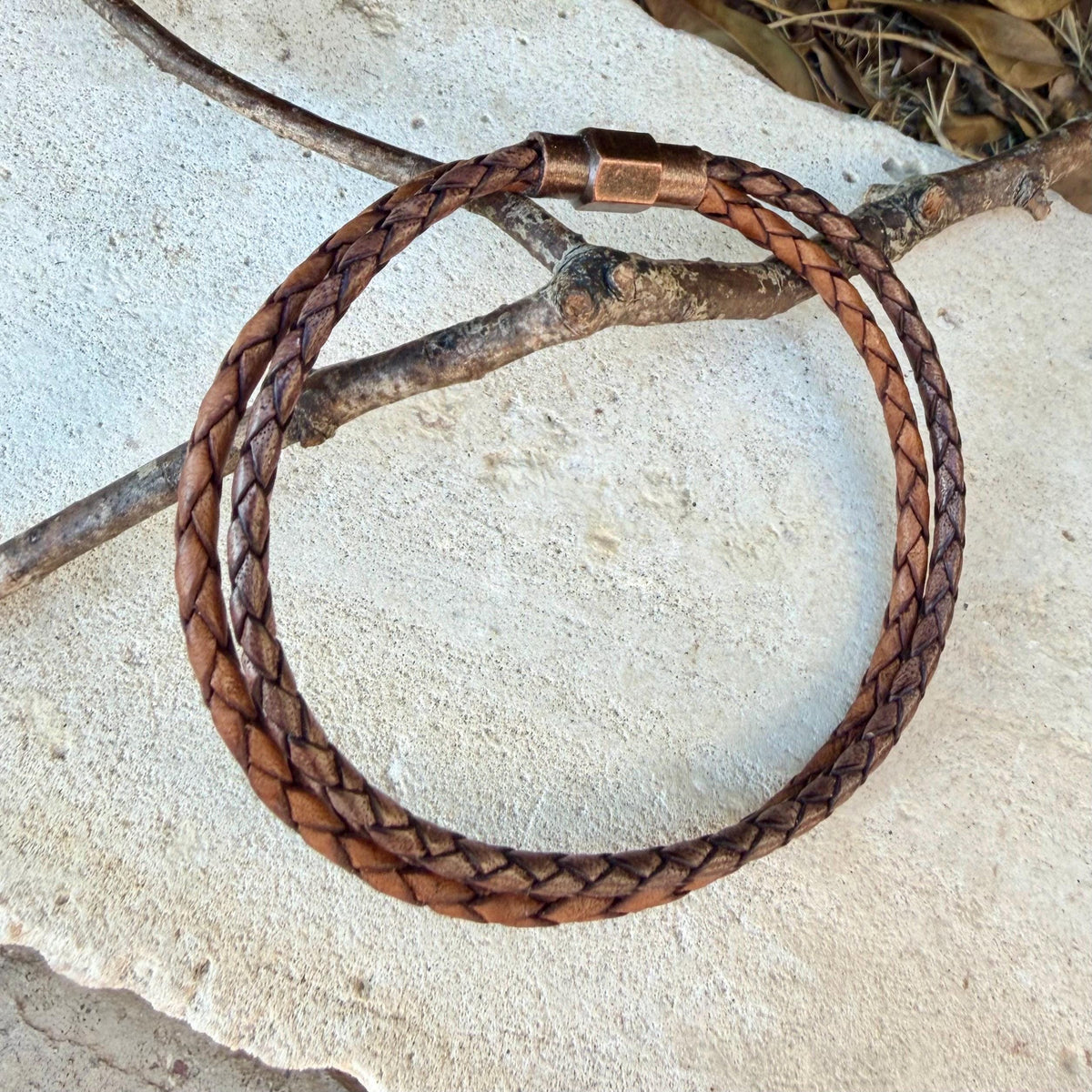 Brown Leather Wrap Bracelet • 3mm Braided Bolo Leather • Copper Magnetic Clasp