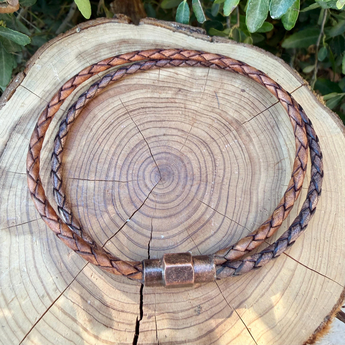 Brown Leather Wrap Bracelet • 3mm Braided Bolo Leather • Copper Magnetic Clasp