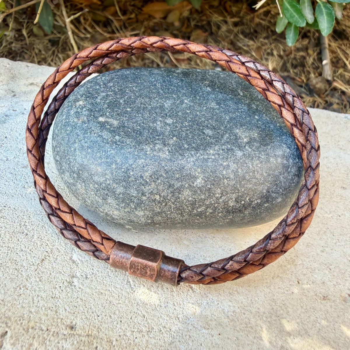 Brown Leather Wrap Bracelet • 3mm Braided Bolo Leather • Copper Magnetic Clasp
