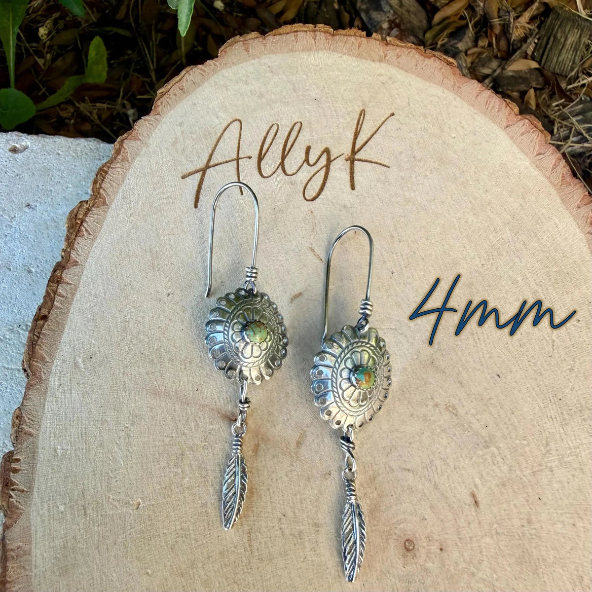 Kingman Turquoise Concho Earrings • Sterling Feather Dangle • Southwestern Style
