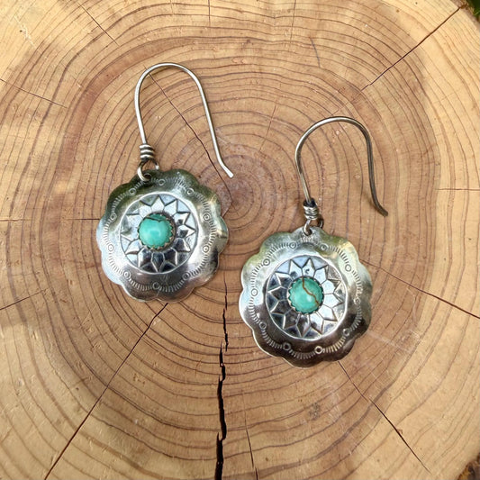 Number 8 Turquoise Concho Earrings | Sterling Silver Western Dangles