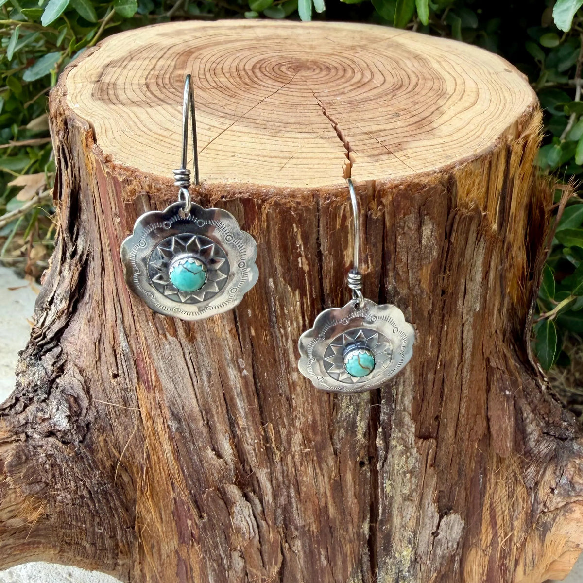 Number 8 Turquoise Concho Earrings | Sterling Silver Western Dangles