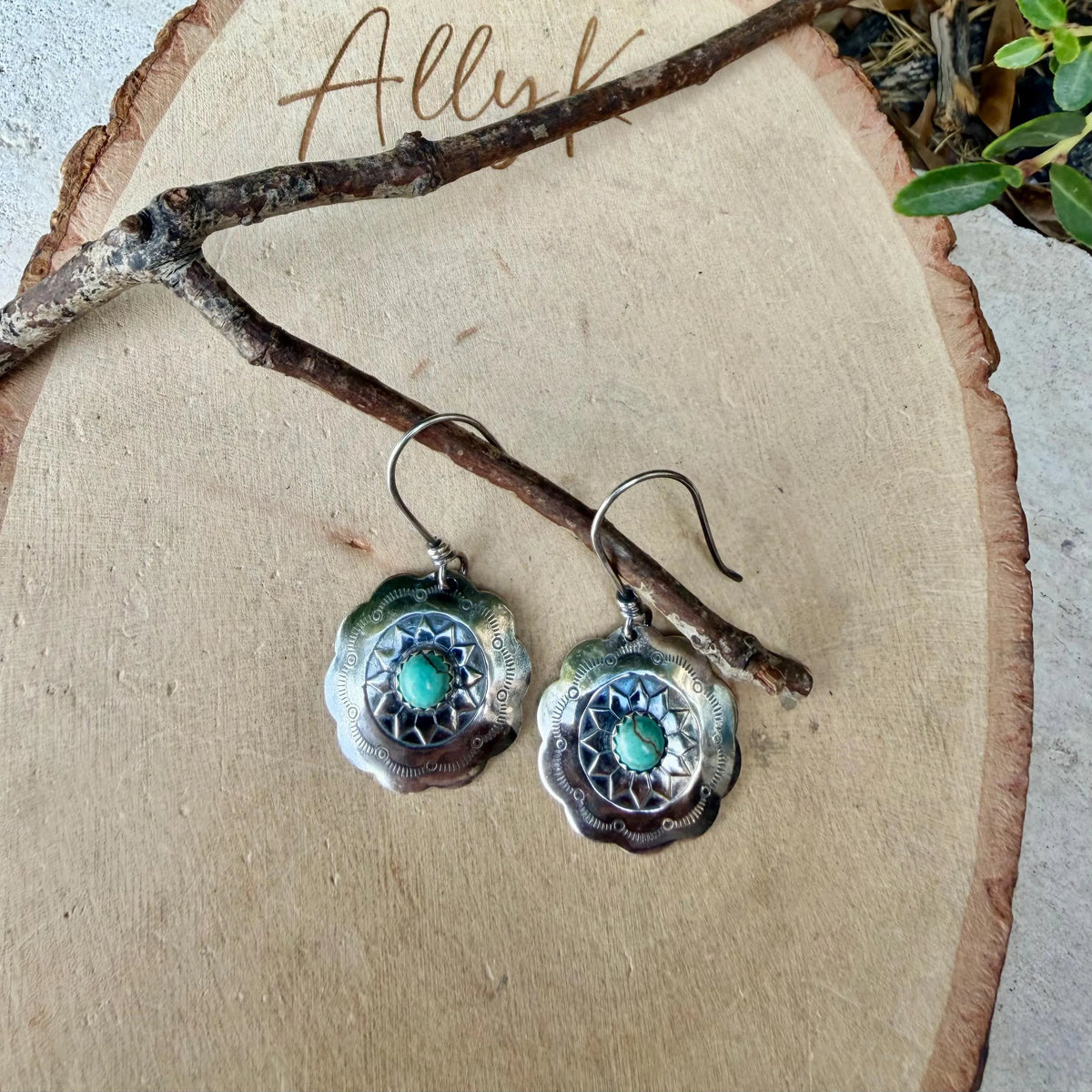 Number 8 Turquoise Concho Earrings | Sterling Silver Western Dangles