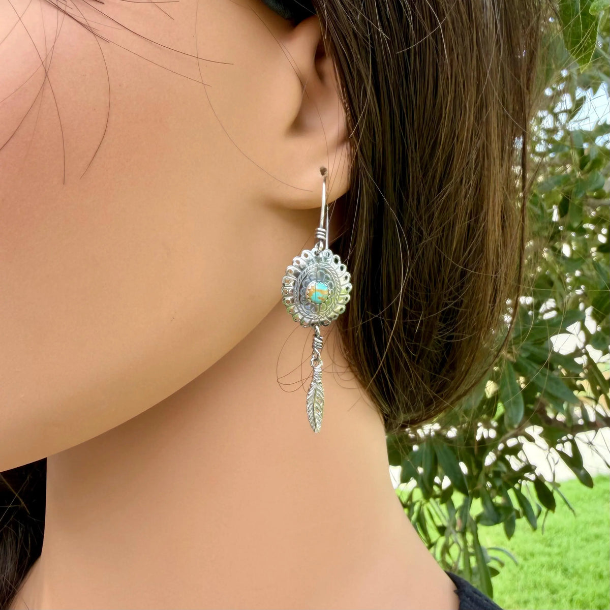 Kingman Turquoise Concho Earrings • Sterling Feather Dangle • Southwestern Style