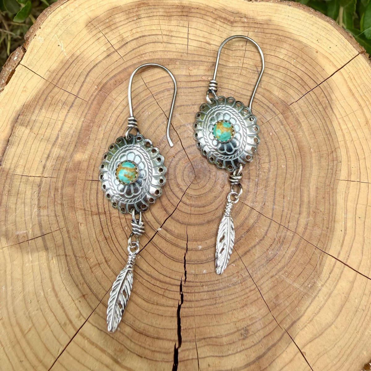 Kingman Turquoise Concho Earrings • Sterling Feather Dangle • Southwestern Style