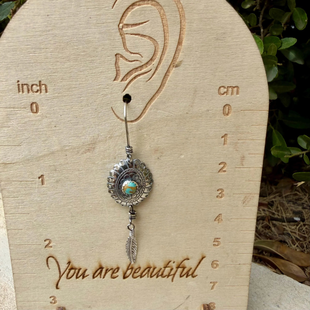 Kingman Turquoise Concho Earrings • Sterling Feather Dangle • Southwestern Style