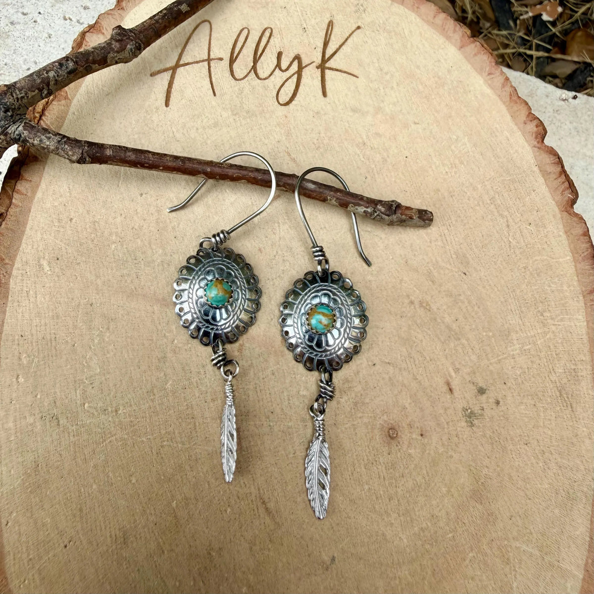 Kingman Turquoise Concho Earrings • Sterling Feather Dangle • Southwestern Style