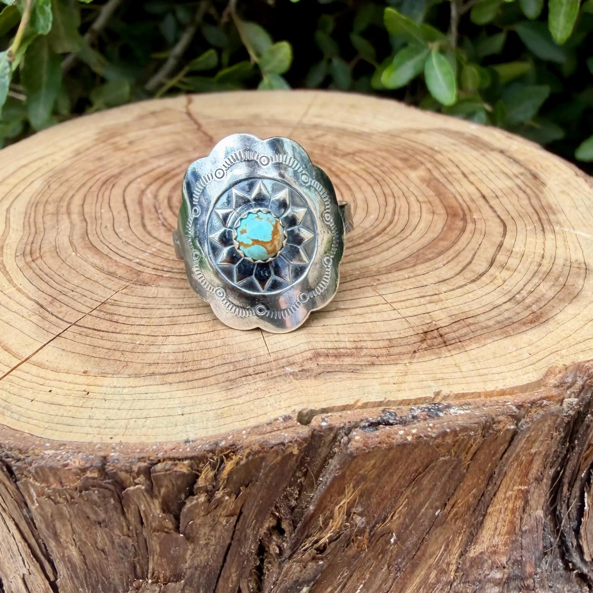 Turquoise Sunflower Concho Sterling Silver Ring • Number 8 Turquoise • Southwestern Band