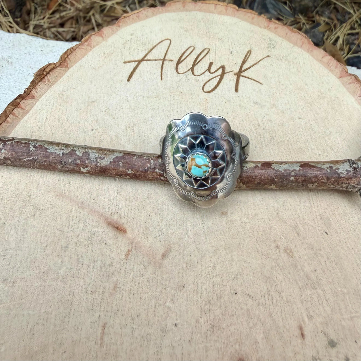 Turquoise Sunflower Concho Sterling Silver Ring • Number 8 Turquoise • Southwestern Band