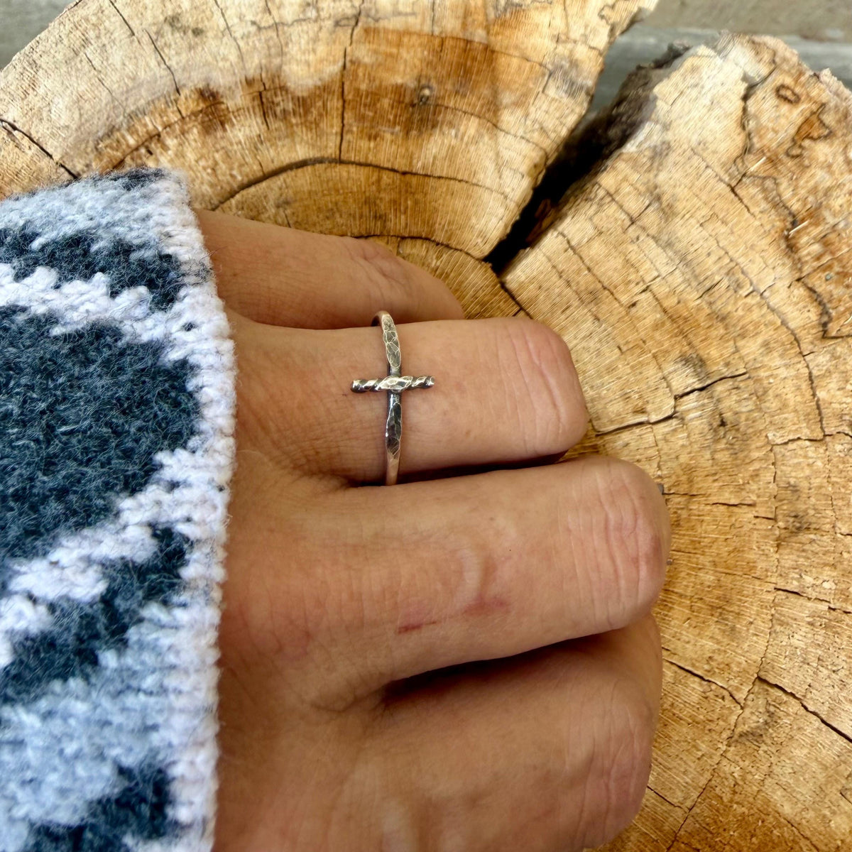 Sterling Silver Sideways Cross Ring | Hammered Cross Ring | Faith Jewelry | Confirmation Gift