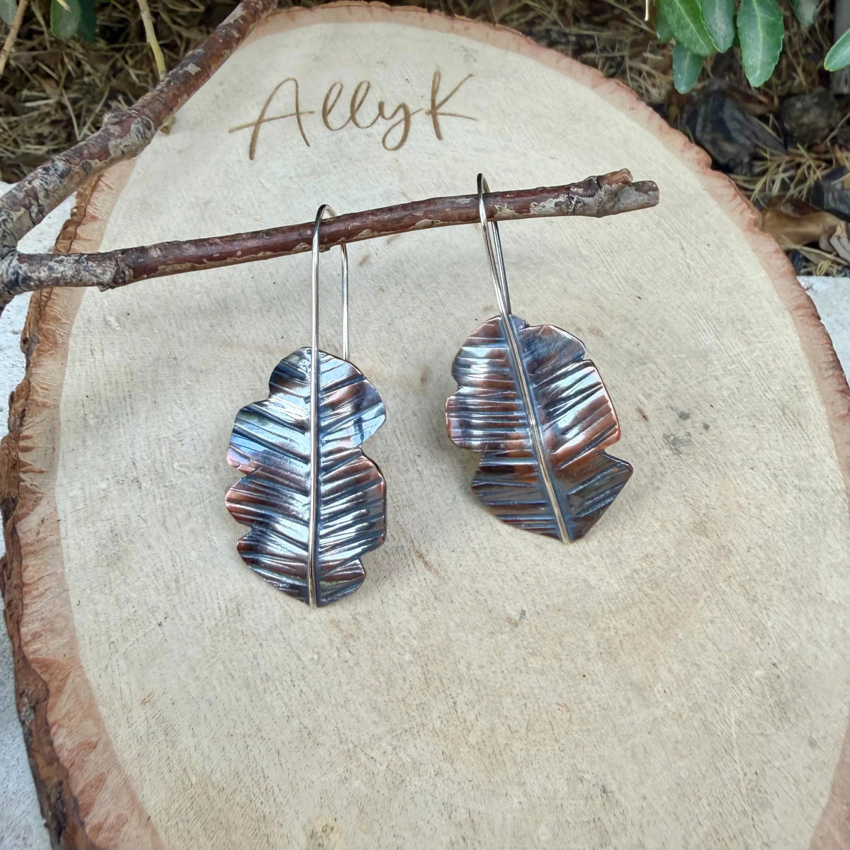 Copper & Silver Leaf Earrings • Mixed Metal Dangle Earrings