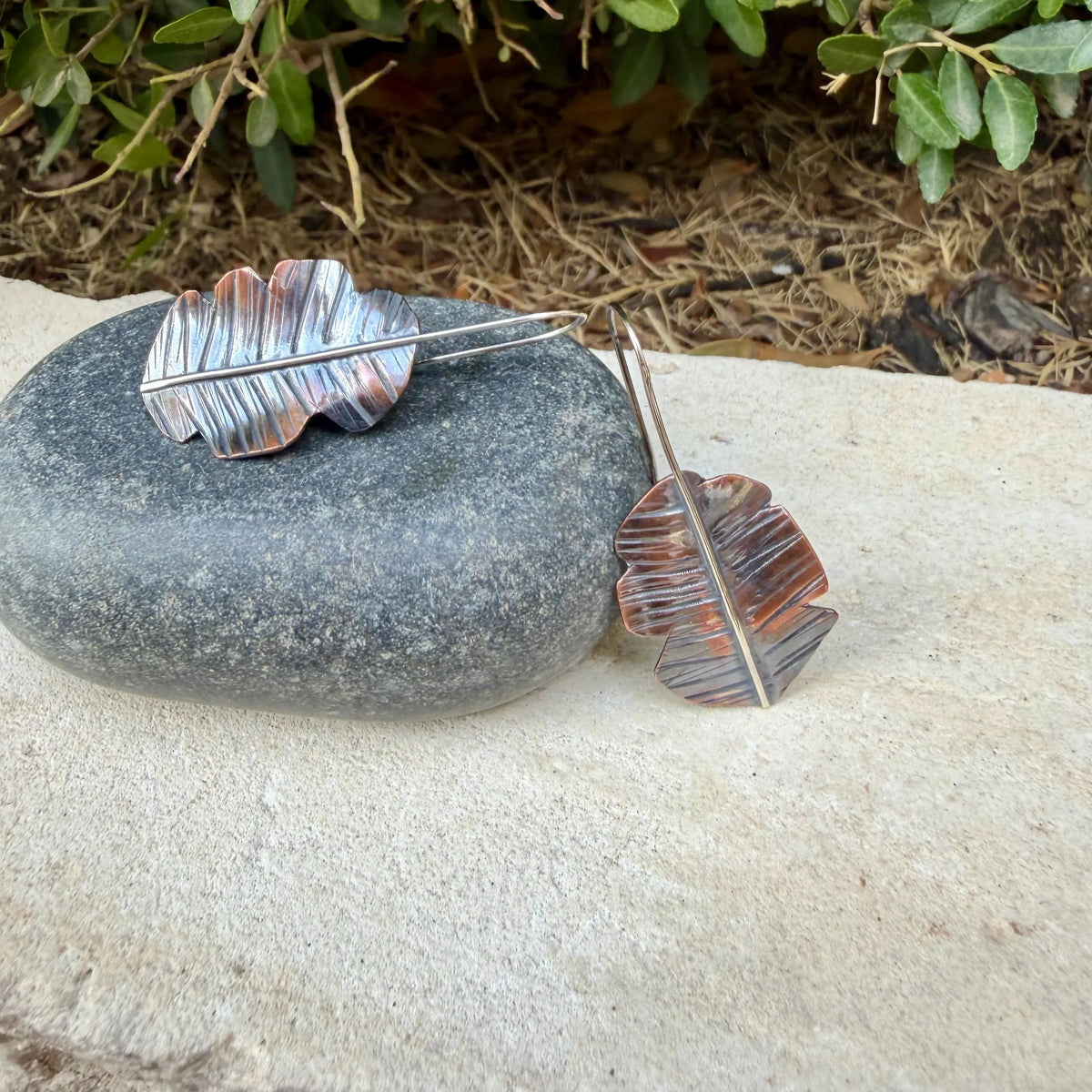 Copper & Silver Leaf Earrings • Mixed Metal Dangle Earrings