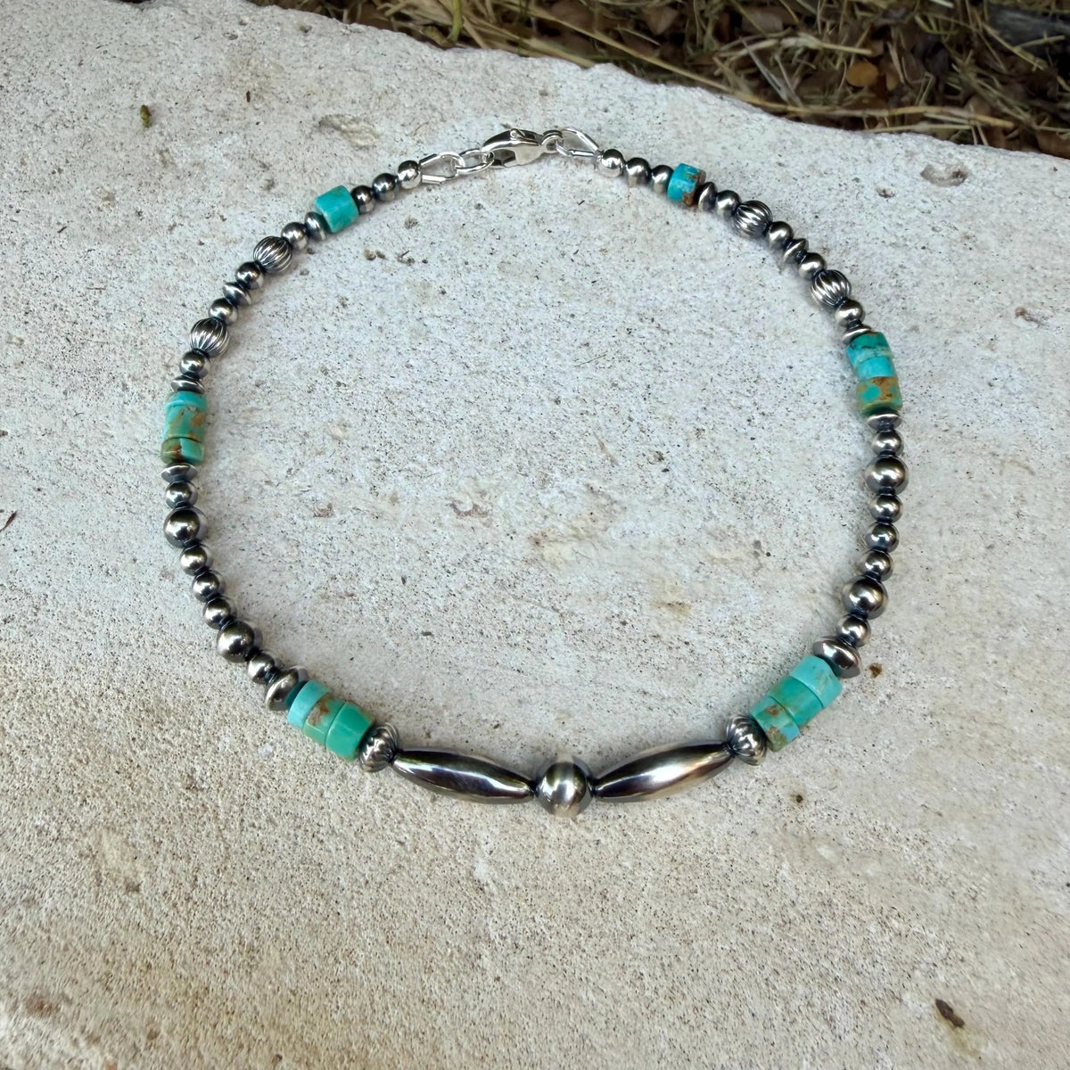 Kingman Turquoise Anklet • Sterling Silver Desert Pearls • Southwest Jewelry