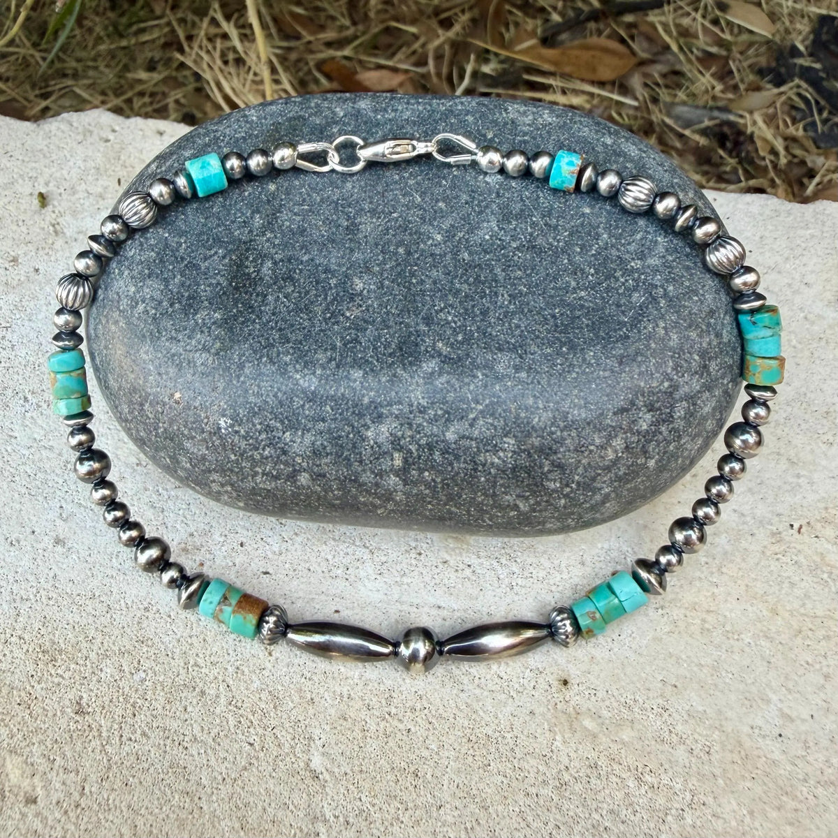 Kingman Turquoise Anklet • Sterling Silver Desert Pearls • Southwest Jewelry