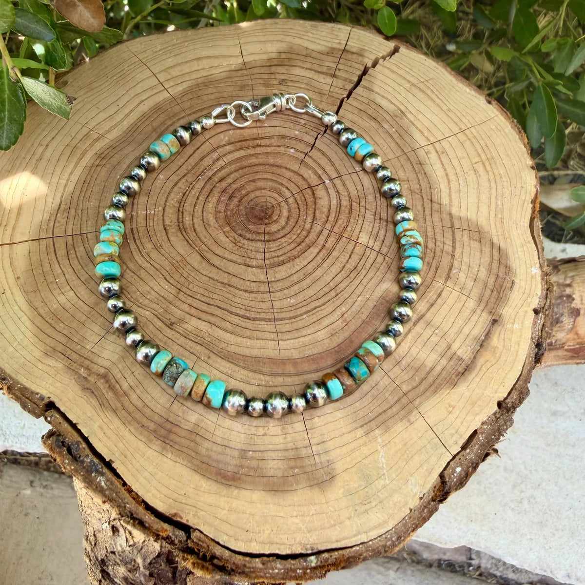 Sterling Silver Desert Pearl Bracelet with Kingman Turquoise • Southwestern Boho Style