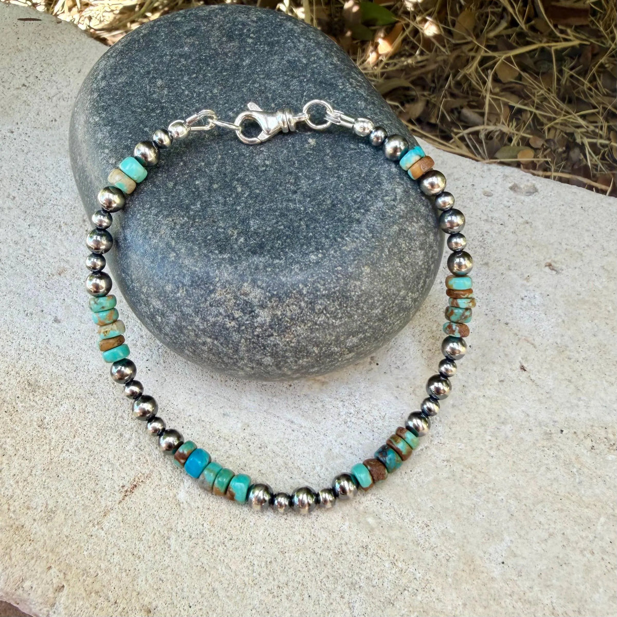 Sterling Silver Desert Pearl Bracelet with Kingman Turquoise • Southwestern Boho Style