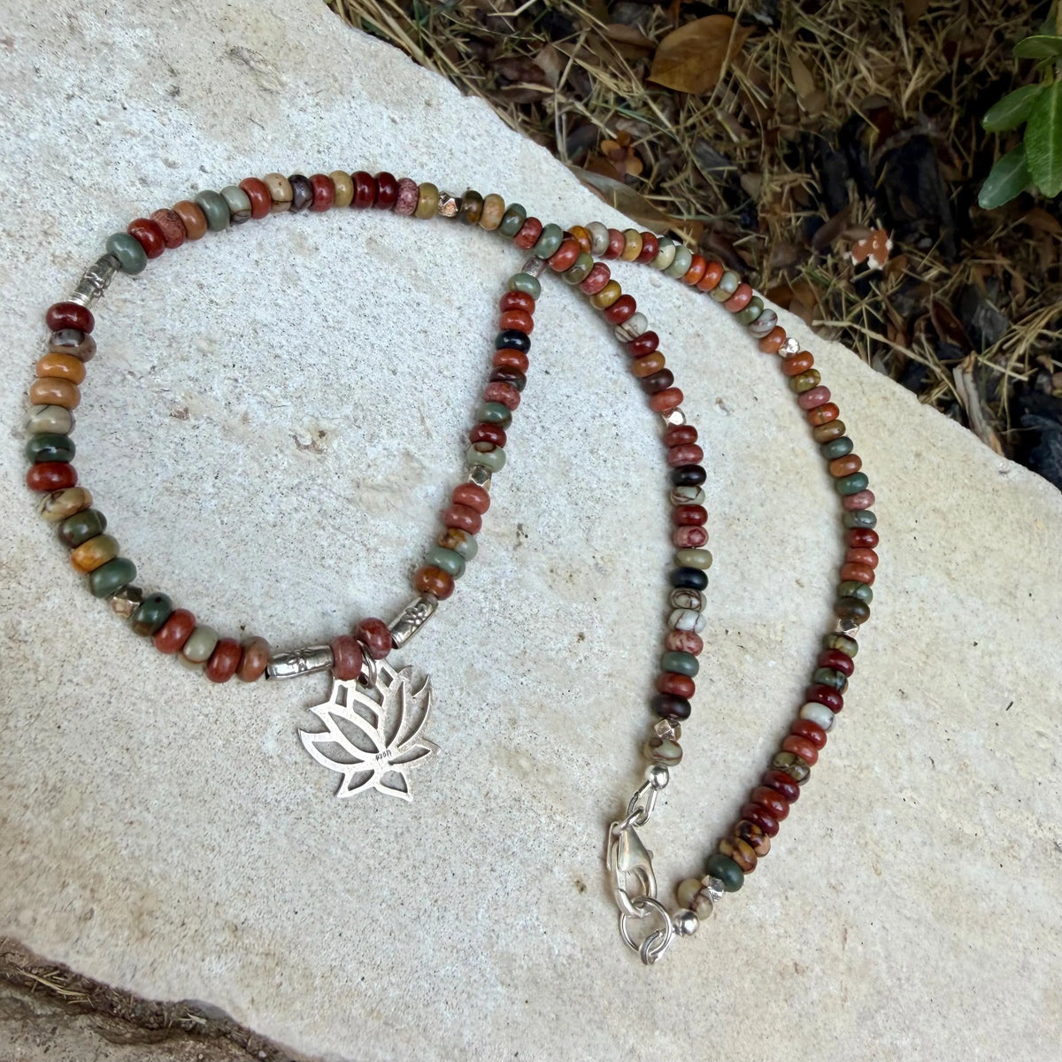 Picasso Jasper Necklace – Lotus Pendant, Sterling Silver Spacers, Custom Length, Artistic Earthy Elegance