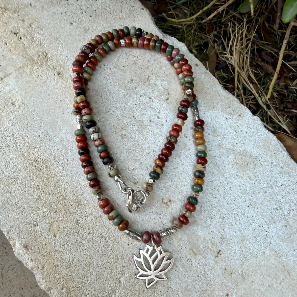 Picasso Jasper Necklace – Lotus Pendant, Sterling Silver Spacers, Custom Length, Artistic Earthy Elegance