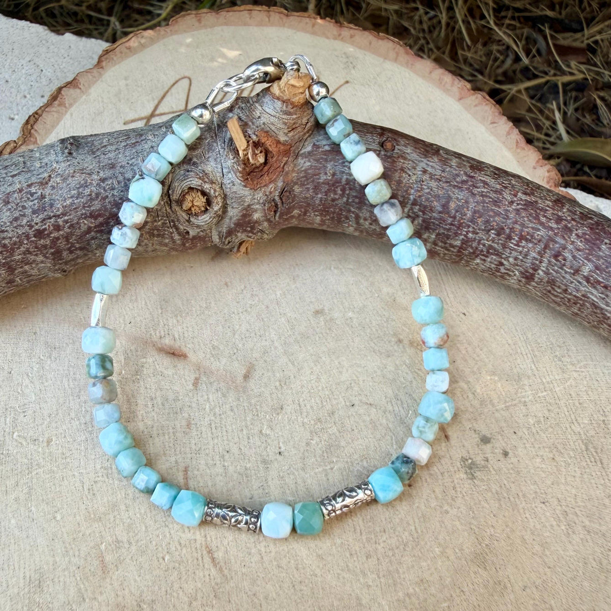 Larimar Bracelet, Rare Caribbean Blue Gemstone, Sterling Silver Bracelet