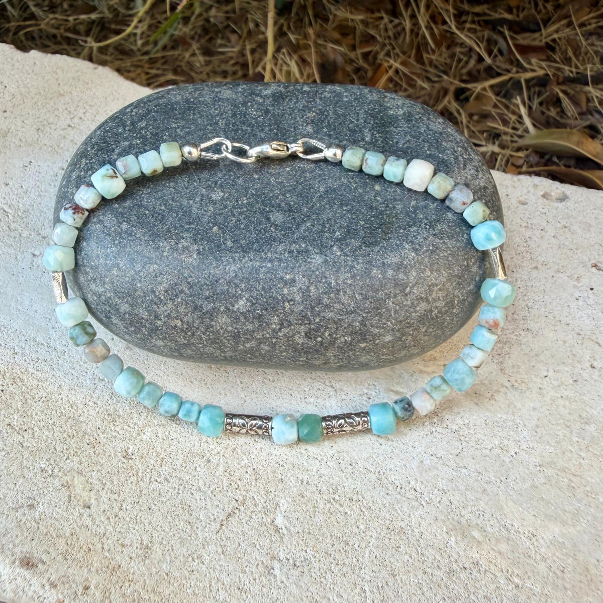 Larimar Bracelet, Rare Caribbean Blue Gemstone, Sterling Silver Bracelet