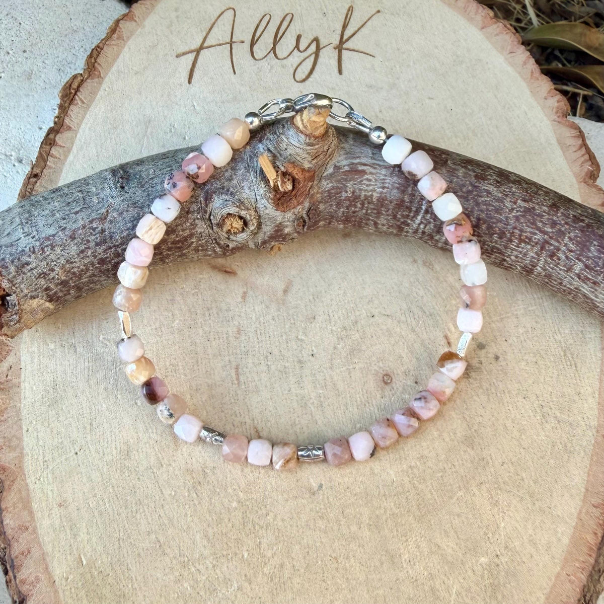 Natural Pink Opal Bracelet, Dainty Sterling Silver Gemstone Bracelet