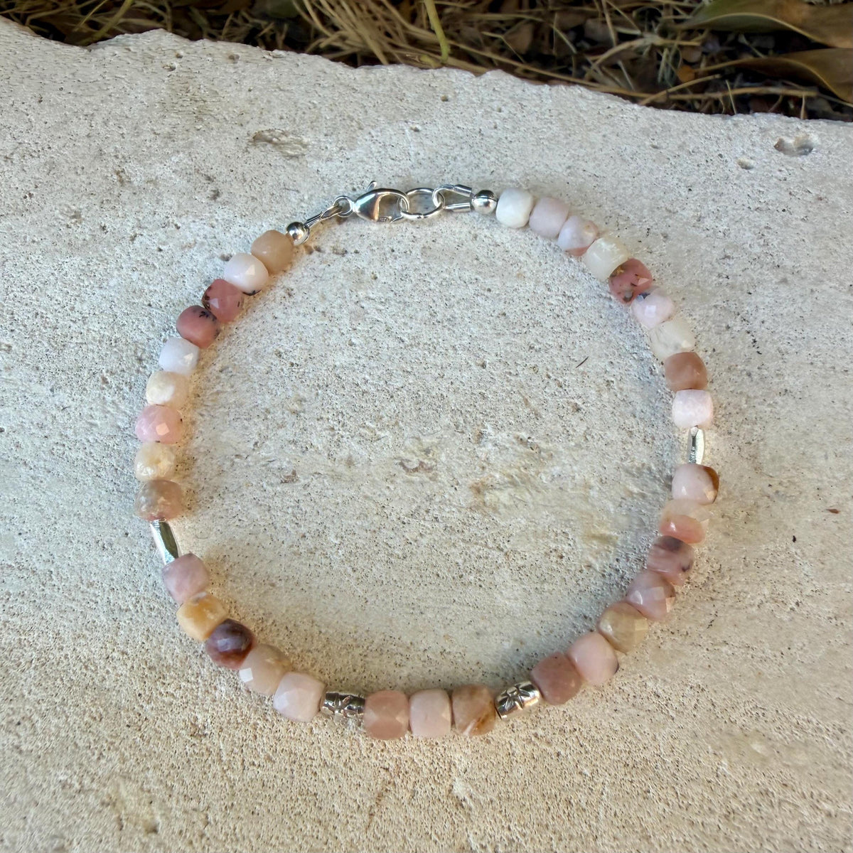 Natural Pink Opal Bracelet, Dainty Sterling Silver Gemstone Bracelet