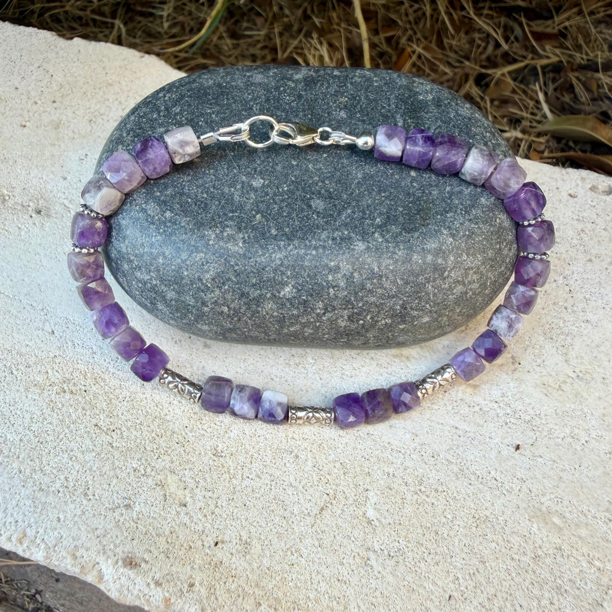 Chevron Amethyst Bracelet, Dainty Sterling Silver Bracelet, Natural Gemstone Jewelry