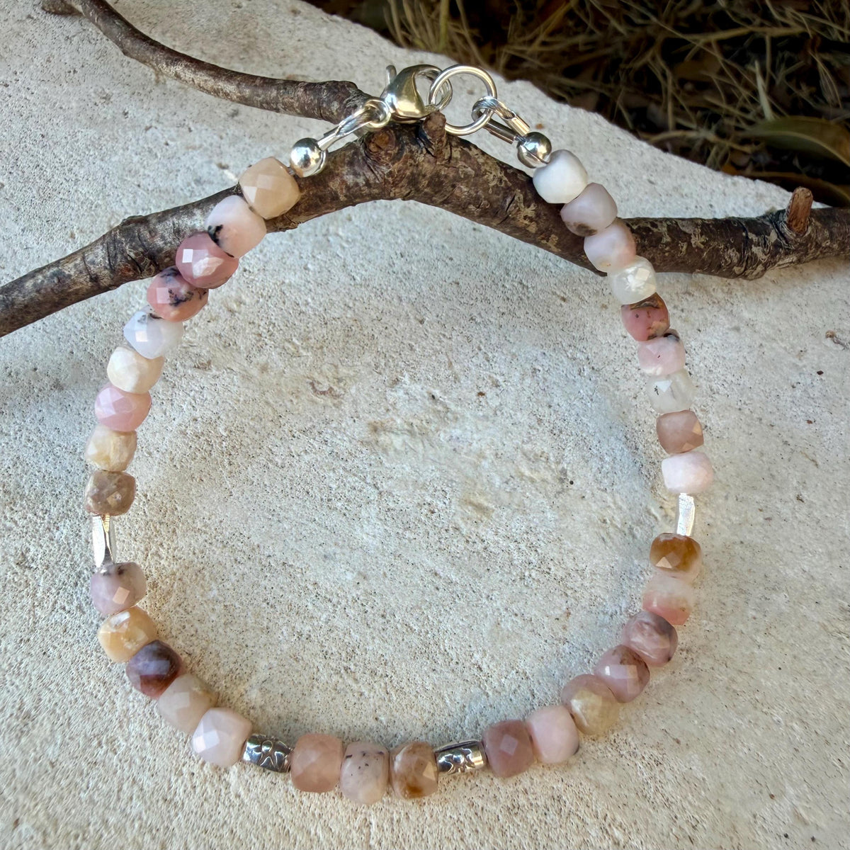 Natural Pink Opal Bracelet, Dainty Sterling Silver Gemstone Bracelet