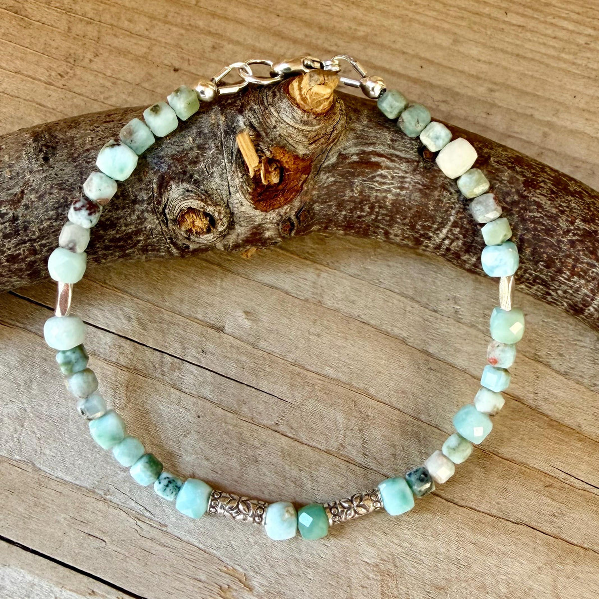 Larimar Bracelet, Rare Caribbean Blue Gemstone, Sterling Silver Bracelet